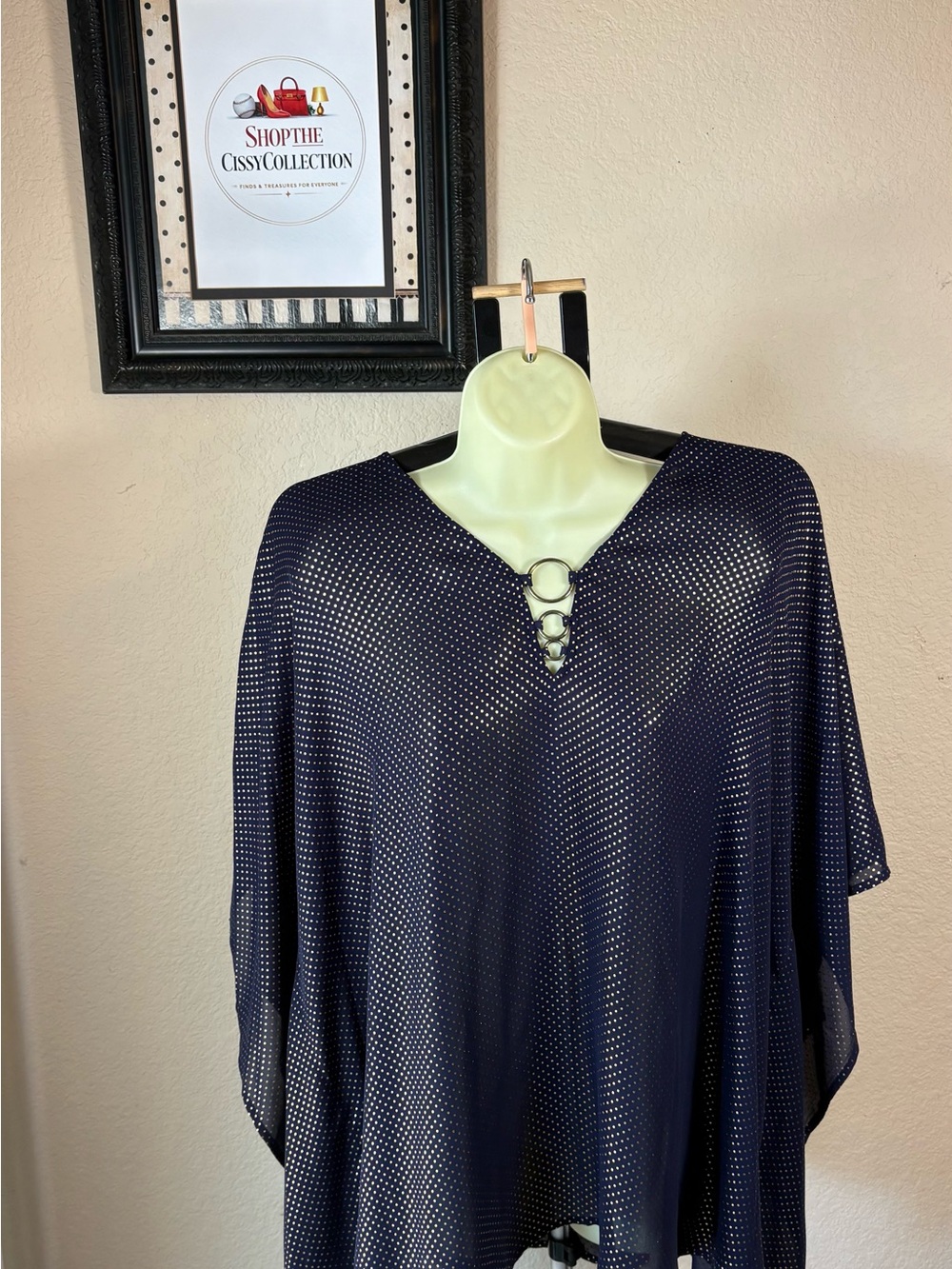Michael Kors 3X Navy Gold Polka Dot Chiffon Poncho Cover Up Plus Size